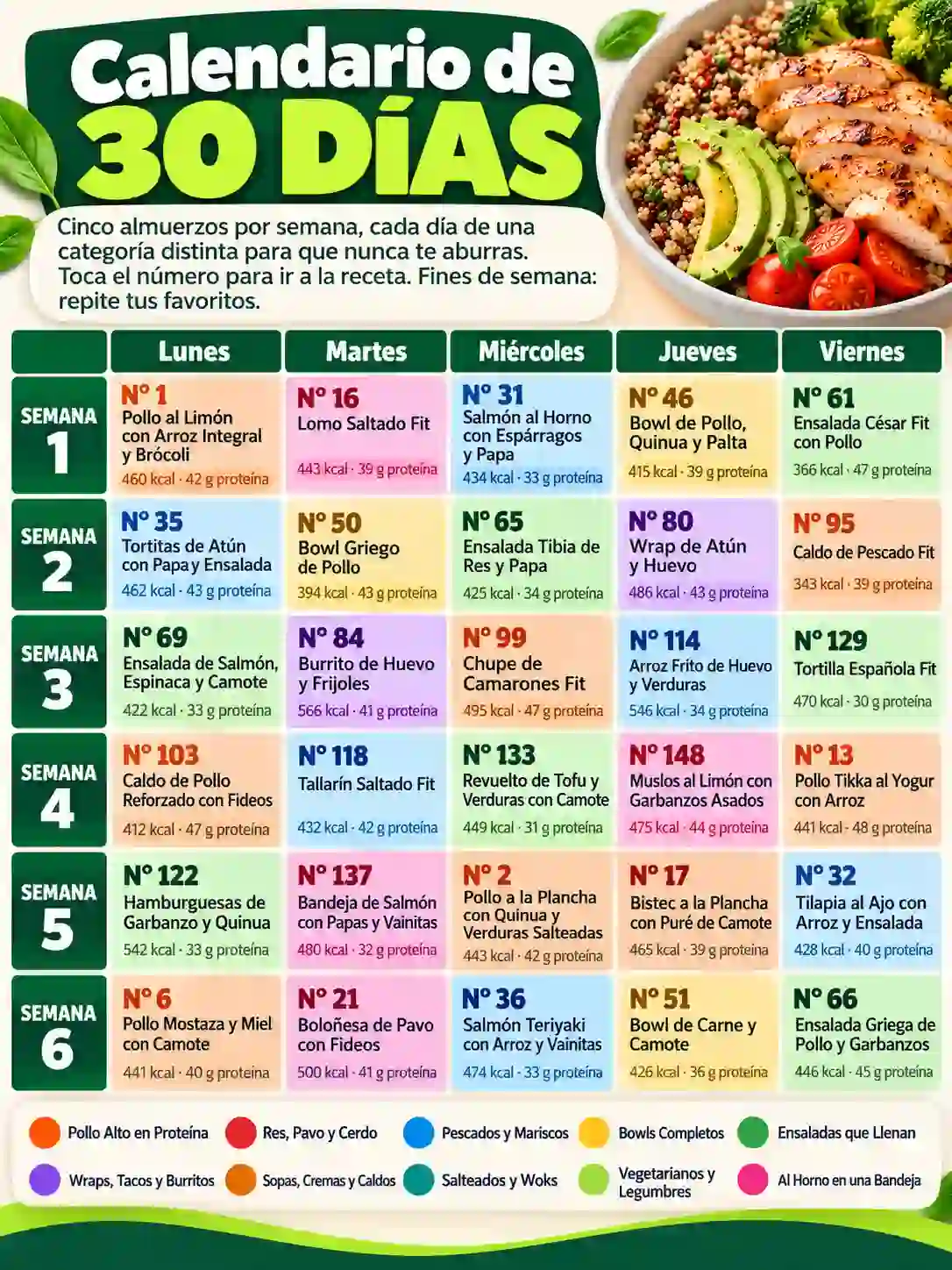 Calendario de 30 días de almuerzos